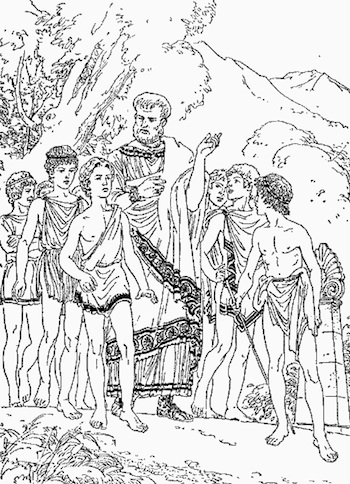 Аристотель говорит, юноши слушают. Рисунок И. Ильинского